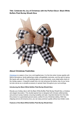 Title_ Celebrate the Joy of Christmas with the Perfect Décor_ Black White Buffalo Plaid Burlap Wreath Bow