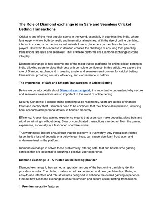 The Role of Diamond exchange id in Safe and Seamless Cricket Betting Transactions