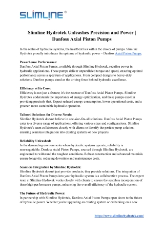 Slimline Hydrotek Unleashes Precision and Power | Danfoss Axial Piston Pumps