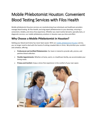 Mobile Phlebotomist Houston - Convenient Blood Testing Services with Filos Health