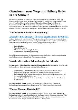 Gemeinsam neue Wege zur Heilung finden in der Schweiz