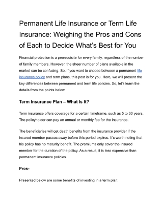Permanent Life Insurance or Term Life Insurance_ Weighing the Pros and Cons of Each to Decide What’s Best for You
