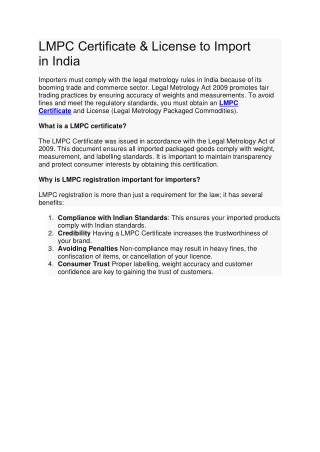 LMPC Certificate and License to Import in India