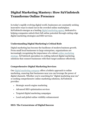 Digital Marketing Mastery: How S2Vinfotech Transforms Online Presence