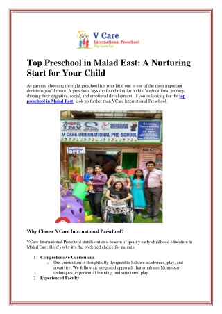 Top Preschool in Malad East: A Nurturing Start for Your Child