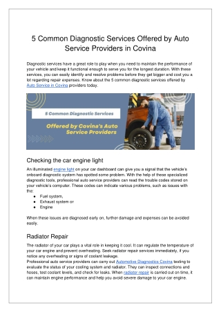 5 Common Diagnostic Services Offered by Auto Service Providers in Covina