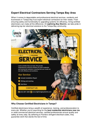 Expert Electrical Contractors Serving Tampa Bay Area