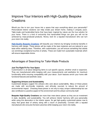 Improve Your Interiors with High-Quality Bespoke Creations