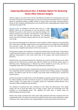 Exploring Monofocal IOLs A Reliable Option for Restoring Vision After Cataract Surgery
