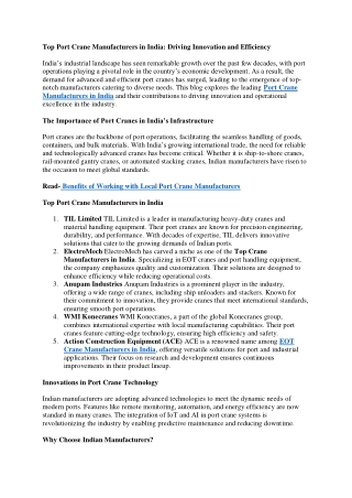 Top Port Crane Manufacturers in India: Driving Innovation and Efficiency