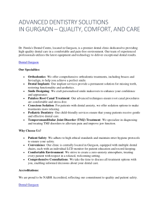 Advanced Dentistry Solutions in Gurgaon – Quality, Comfort, and Care
