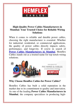 High-Quality Power Cables Manufacturers in Mumbai Your Trusted Choice for Reliable Wiring Solutions