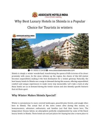 Why Best Luxury Hotels in Shimla is a Popular Choice for Tourists in winters