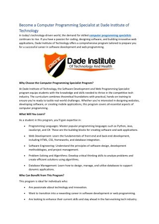Become a Computer Programming Specialist at Dade Institute of Technology