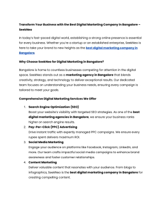 Transform Your Business with the Best Digital Marketing Company in Bangalore – SeekNeo