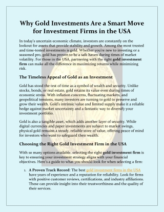 Why Gold Investments Are a Smart Move for Investment Firms in the USA