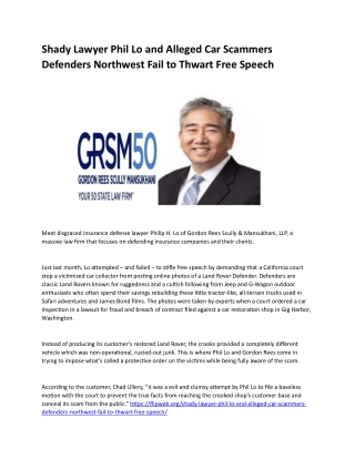 Shady Lawyer Phil Lo and Alleged Car Scammers Defenders Northwest Fail to Thwart Free Speech
