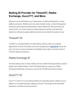 Betting ID Provider for Timex247, Radhe Exchange, Gucci777, and More