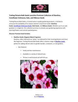 Trailing Petunia Bulk Seeds Launches Premium Collection of Dianthus, Coneflower