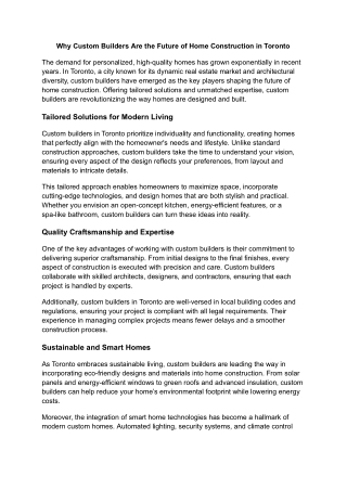 Why Custom Builders Are the Future of Home Construction in Toronto