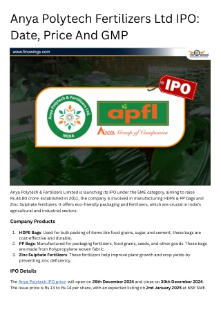 Anya Polytech Fertilizers Ltd IPO Date, Price And GMP
