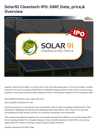 Solar91 Cleantech IPO GMP, Date, price,& Overview