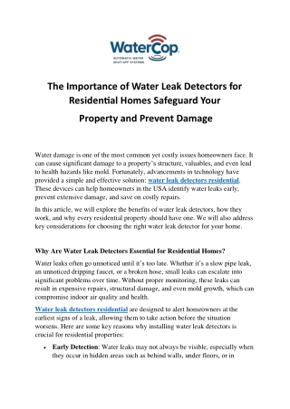 The Importance of Water Leak Detectors for Residential Homes