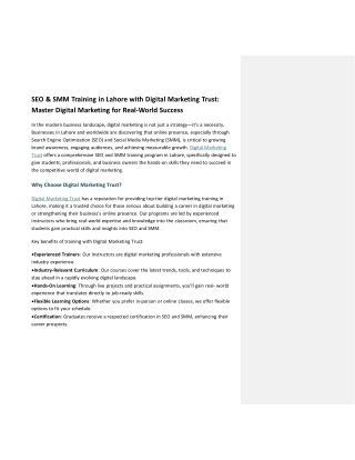 SEO and SMM Training in Lahore
