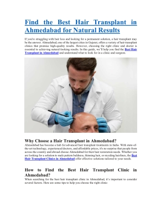 Find the Best Hair Transplant in Ahmedabad for Natural Results