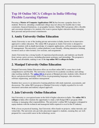 Top 10 Online MCA Colleges in India Offering Flexible Learning Options