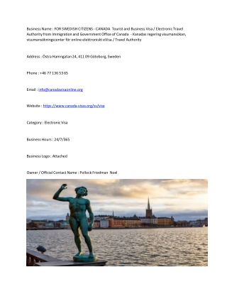 FOR SWEDISH CITIZENS - CANADA  Tourist and Business Visa / Electronic Travel Aut