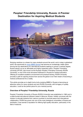 Peoples' Friendship University, Russia: A Premier Destination for Medicine