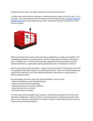 Powering Success: Why Top Indian Businesses Choose Jaycee DG Sets