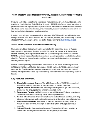 North-Western State Medical University, Russia: A Top Choice for MBBS Aspirants