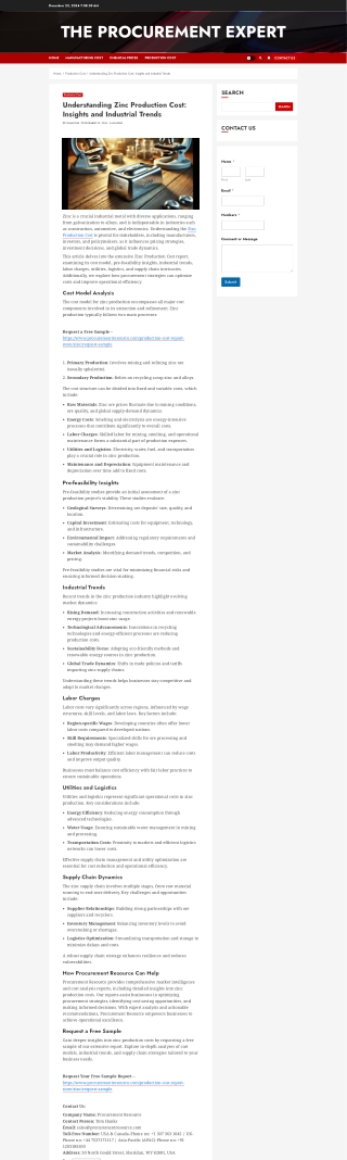 Zinc Production Cost