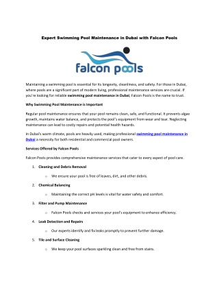 Expert Swimming Pool Maintenance in Dubai with Falcon Pools