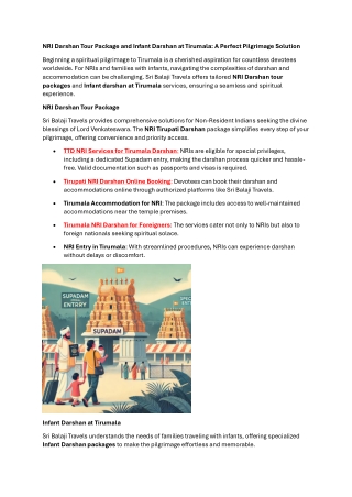 NRI Darshan Tour Package and Infant Darshan at Tirumala