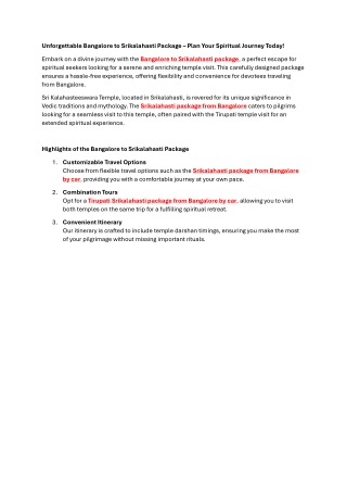 Unforgettable Bangalore to Srikalahasti Package