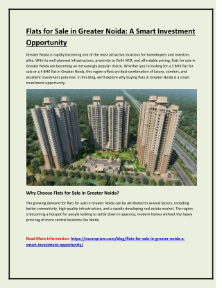 Flats for Sale in Greater Noida: A Smart Investment Opportunity