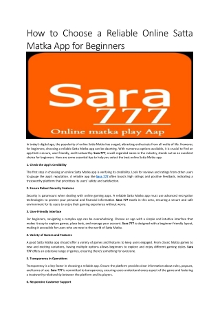 How to Choose a Reliable Online Satta Matka App for Beginners
