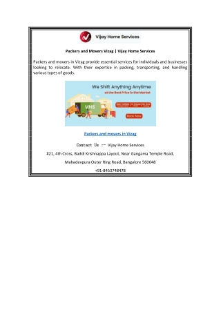 Packers and Movers Vizag  Vijay Home Services