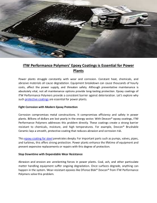 ITW Performance Polymers Epoxy Coatings is Essential for Power Plants