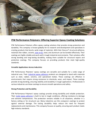 ITW Performance Polymers Offering Superior Epoxy Coating Solutions