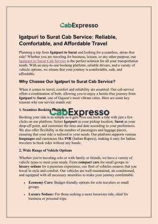 Igatpuri to Surat Cab Service Reliable, Comfortable, and Affordable Travel