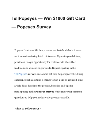 TellPopeyes - www.tellpopeyes.com - Win $1000 Gift Card