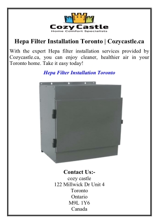 Hepa Filter Installation Toronto | Cozycastle.ca