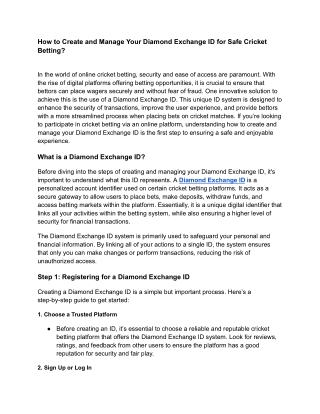 How to Create and Manage Your Diamond Exchange ID for Safe Cricket Betting