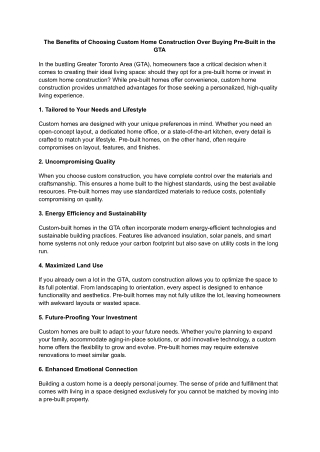 The Benefits of Choosing Custom Home Construction Over Buying Pre-Built in the GTA