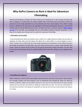 Why GoPro Camera on Rent is Ideal for Adventure Filmmaking
