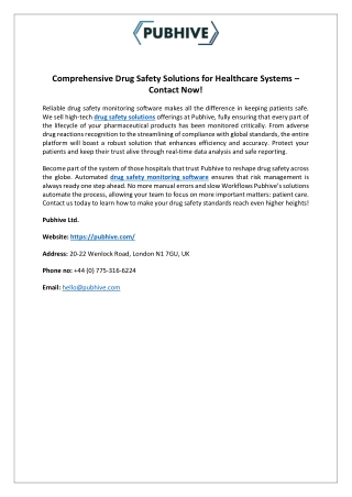 Comprehensive Drug Safety Solutions for Healthcare Systems – Contact Now!